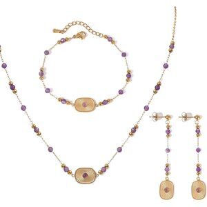 Amethyst Sun Disk Jewelry Set for Women - Gold Plated Stainless Steel Necklace &